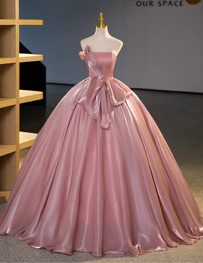 Elegant Pink Satin Strapless Sweet 16 Quinceanera A-Line Evening Dress Ball Gown TP4932