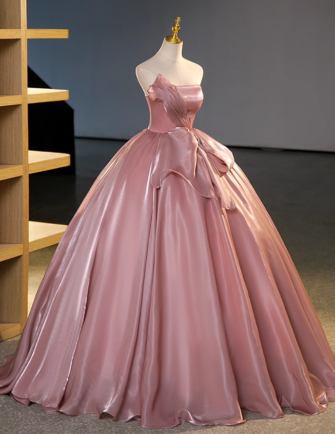 Elegant Pink Satin Strapless Sweet 16 Quinceanera A-Line Evening Dress Ball Gown TP4932