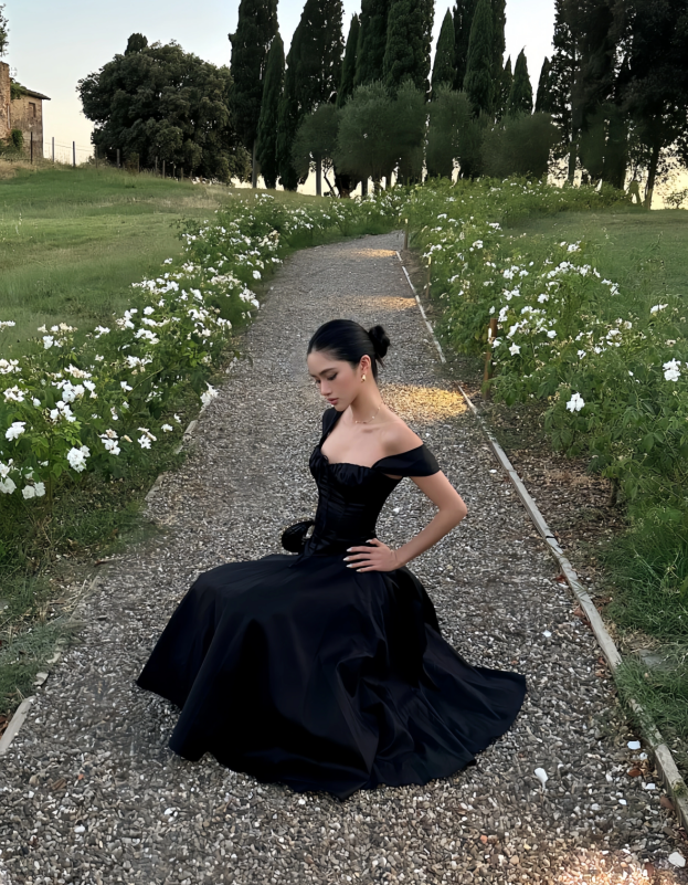 Chic Black A-Line Evening Gown Straps Party Dress Tea Length Formal Dress TP4920