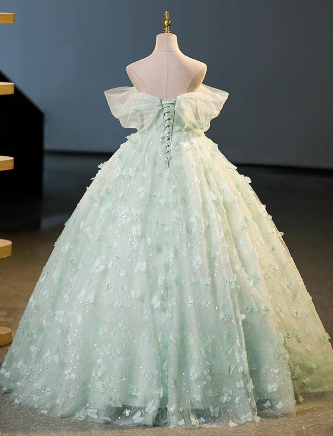 Vintage Light Green Tulle Sweetheart Off-the-shoulder 3D Flowers A-Line Floor Length Quinceanera Ball Gown TP5193