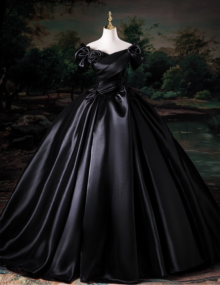 Elegant Black Satin Sweet 16 Quinceanera A-Line Off-the-shoulder Evening Dress Ruffled Ball Gown TP4934