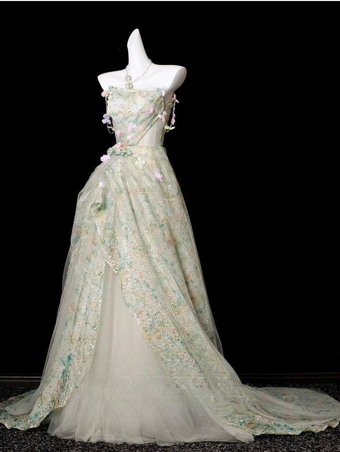 Elegant Floral Sweet 16 Quinceanera A-Line Strapless Evening Dress Long Ball Gown TP4935