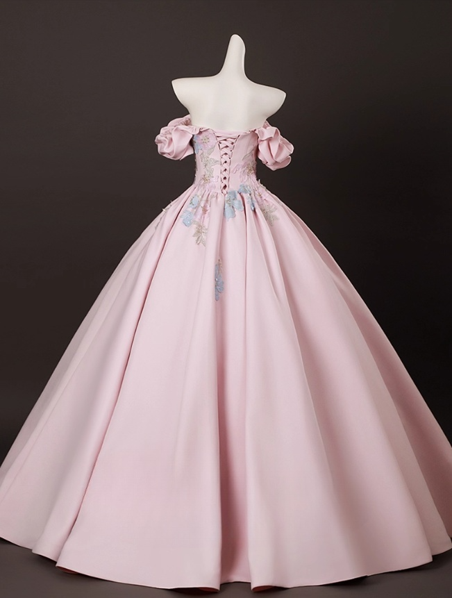 Elegant Pink Satin Applique Sweet 16 Quinceanera A-Line Off-the-shoulder Evening Dress Long Ball Gown TP4936