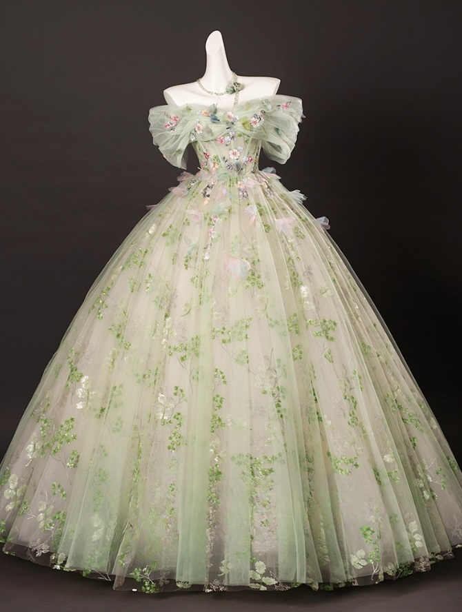 Elegant Light Green Tulle Floral Sweet 16 Quinceanera A-Line Off-the-shoulder Evening Dress Long Ball Gown TP4937