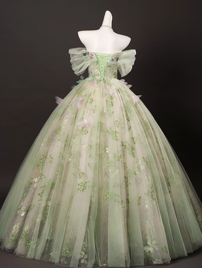 Elegant Light Green Tulle Floral Sweet 16 Quinceanera A-Line Off-the-shoulder Evening Dress Long Ball Gown TP4937