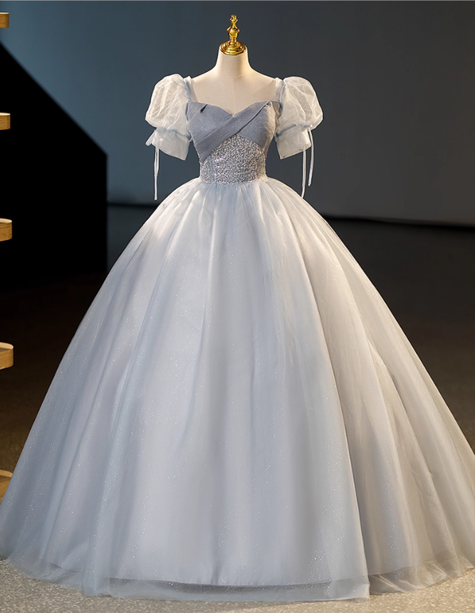 Elegant Dusty Blue A-Line Beaded Evening Gown Tulle Short-sleeved Party Dress Long Formal Dress TP4943