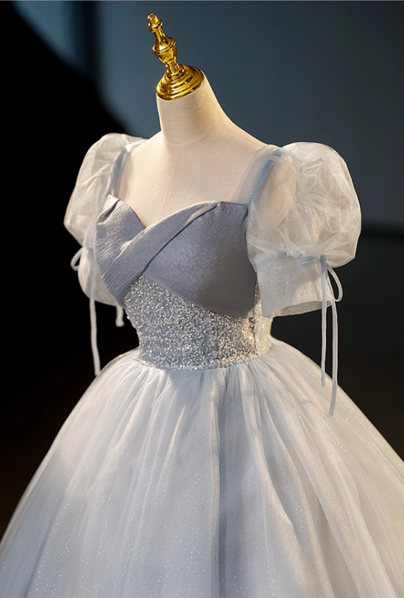 Elegant Dusty Blue A-Line Beaded Evening Gown Tulle Short-sleeved Party Dress Long Formal Dress TP4943