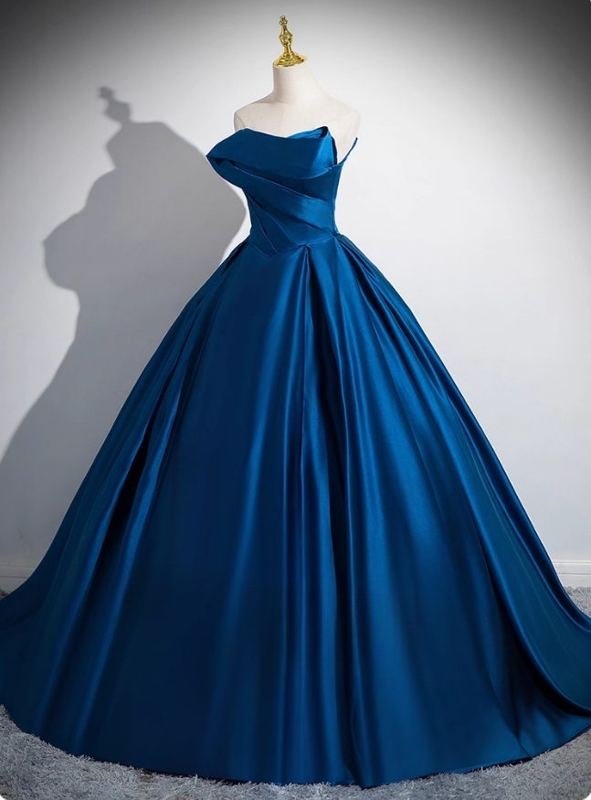 Elegant Royal Blue Satin Sweet 16 Quinceanera A-Line Strapless Evening Dress Long Ball Gown TP4944