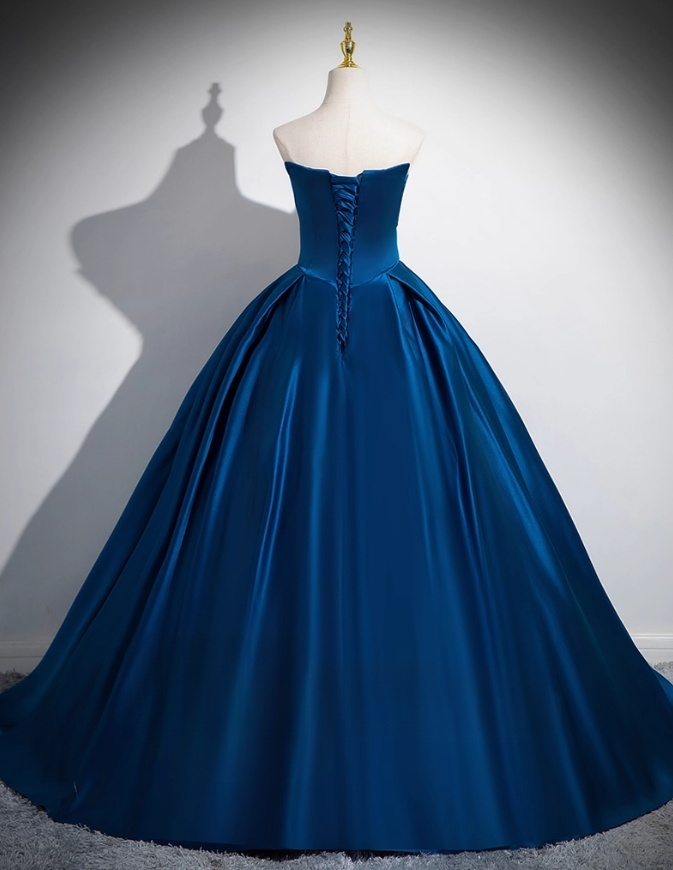 Elegant Royal Blue Satin Sweet 16 Quinceanera A-Line Strapless Evening Dress Long Ball Gown TP4944