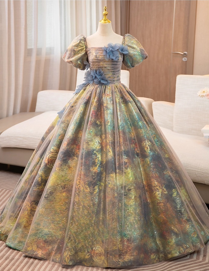 Vintage Court Retro Style Sweet 16 Quinceanera 3D Flowers Short-sleeved Evening Dress Long Ball Gown TP4945