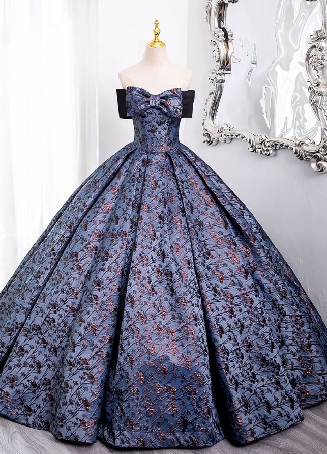 Vintage Floral Satin Sweet 16 Quinceanera Bow Off-the-shoulder Evening Dress Long Ball Gown TP4946