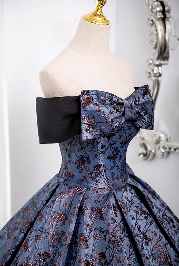 Vintage Floral Satin Sweet 16 Quinceanera Bow Off-the-shoulder Evening Dress Long Ball Gown TP4946
