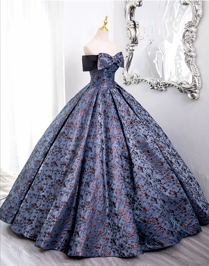 Vintage Floral Satin Sweet 16 Quinceanera Bow Off-the-shoulder Evening Dress Long Ball Gown TP4946