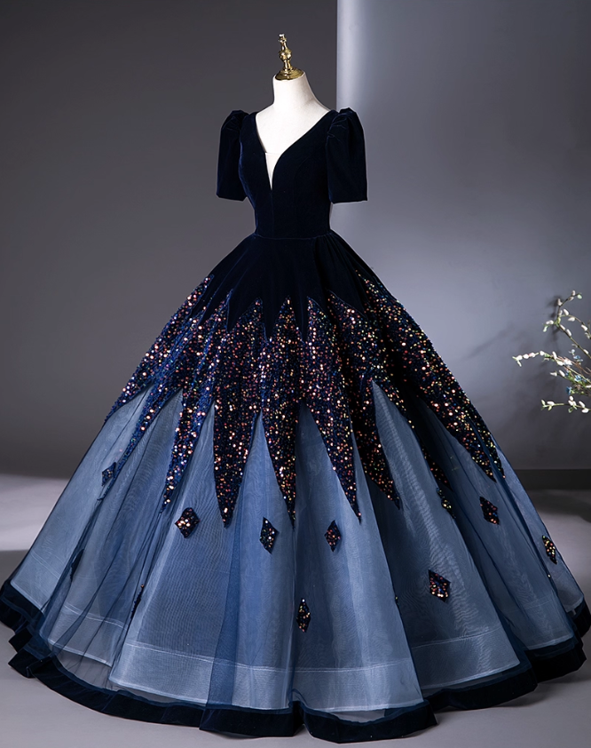 Vintage Navy Blue Velvet Beaded Sweet 16 Quinceanera A-Line V-neck Short-sleeved Evening Dress Long Ball Gown TP4947
