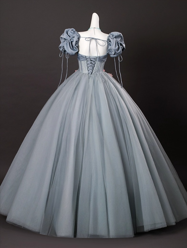 Chic Dusty Blue Sweet 16 Quinceanera 3D Flowers A-Line Puffy Sleeves Evening Dress Long Ball Gown TP4949