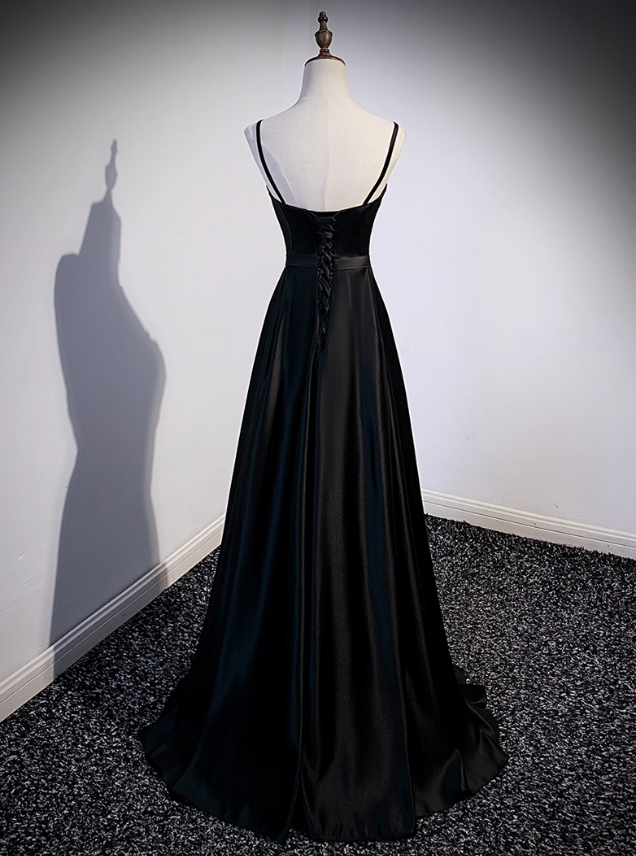 Vintage Black Satin A-Line Evening Gown Sweetheart Spaghetti Strap Party Dress Long Formal Dress TP4956