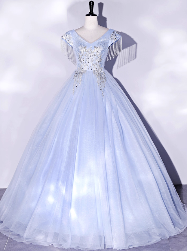 Vintage Sky Blue Tulle Beaded A-Line Evening Gown V-neck Cap Sleeves Party Dress Long Formal Dress TP4957