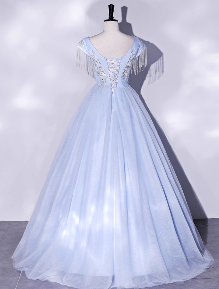 Vintage Sky Blue Tulle Beaded A-Line Evening Gown V-neck Cap Sleeves Party Dress Long Formal Dress TP4957