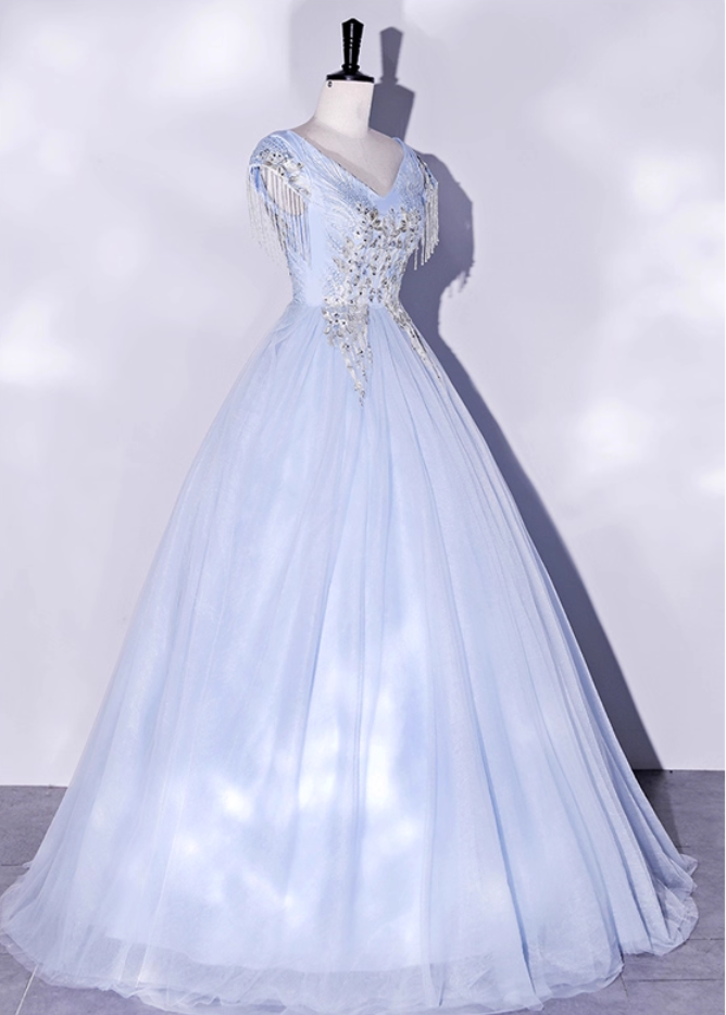Vintage Sky Blue Tulle Beaded A-Line Evening Gown V-neck Cap Sleeves Party Dress Long Formal Dress TP4957