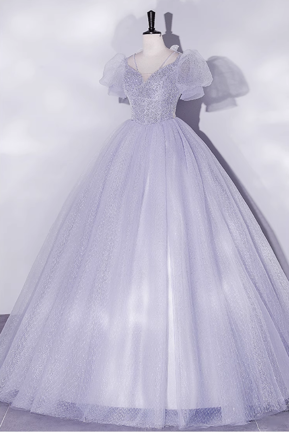 Vintage Hazy Blue Tulle Beaded A-Line Evening Gown Short-sleeved Party Dress Long Formal Dress TP4958