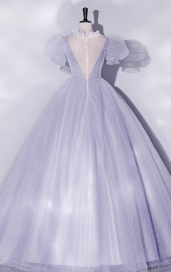 Vintage Hazy Blue Tulle Beaded A-Line Evening Gown Short-sleeved Party Dress Long Formal Dress TP4958