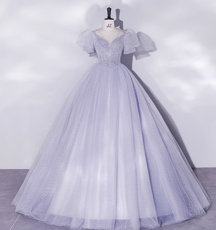 Vintage Hazy Blue Tulle Beaded A-Line Evening Gown Short-sleeved Party Dress Long Formal Dress TP4958