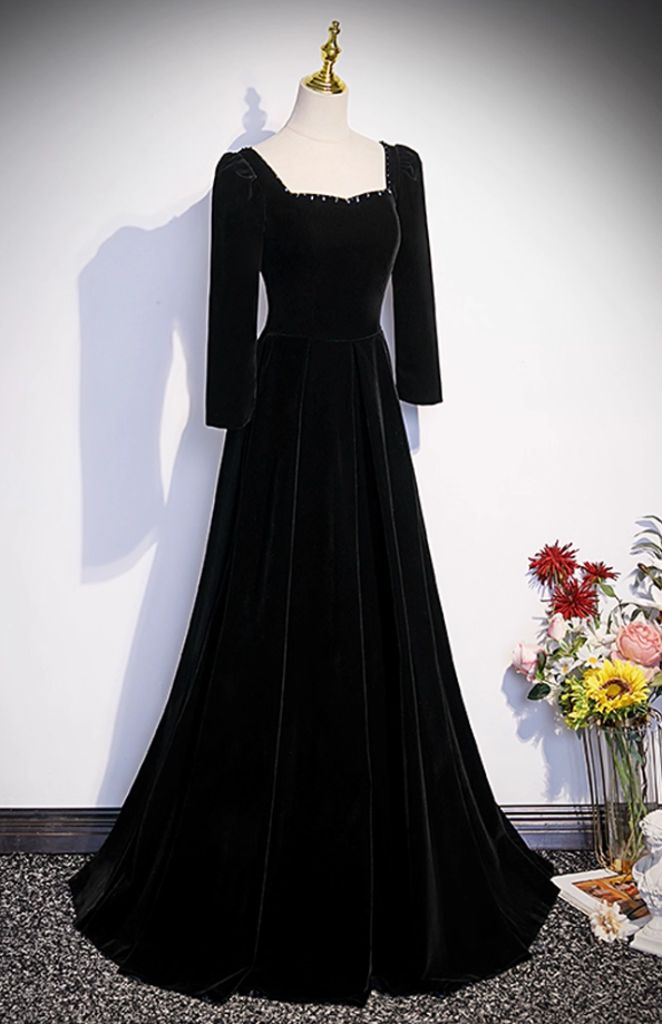 Elegant Black Velvet Beaded A-Line Evening Gown Long-sleeved Party Dress Long Formal Dress TP4959