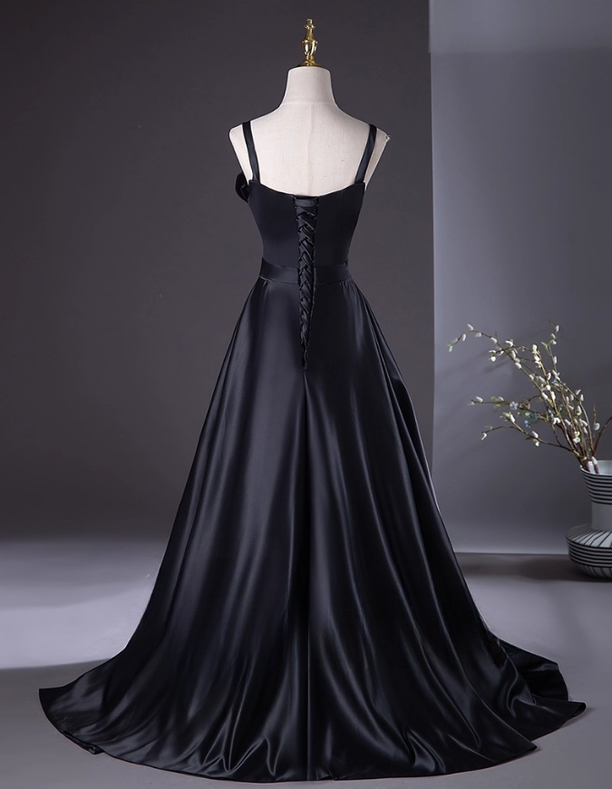 Glamorous Black Satin Prom Dress A-Line Evening Gown Spaghetti Strap Party Dress Long Evening Gown TP5207