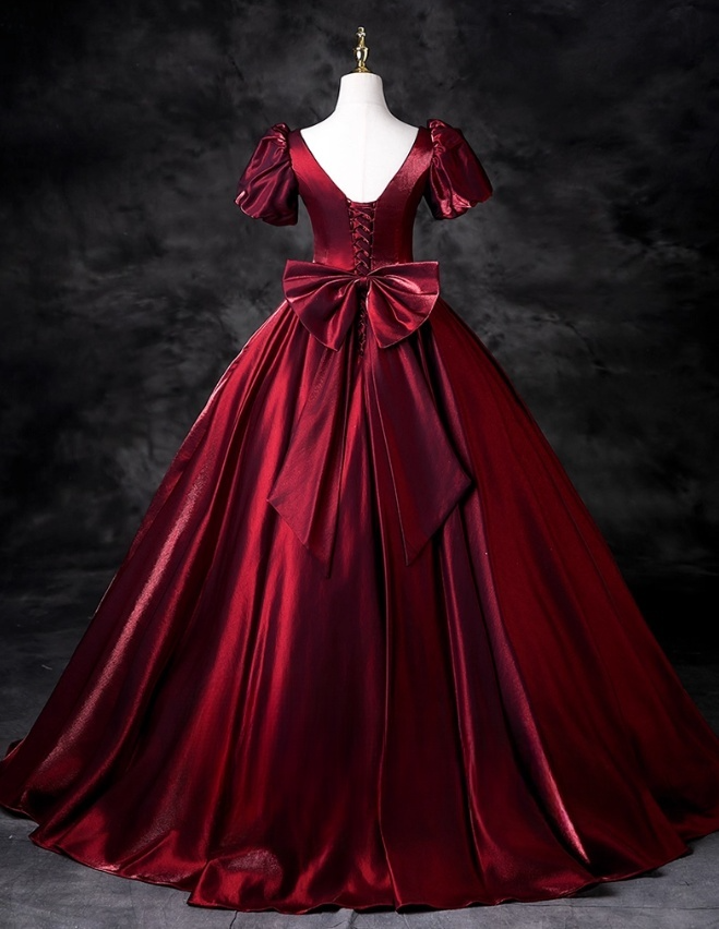 Elegant Burgundy Satin Sweet 16 A-Line Puff Sleeves Quinceanera Ball Gown TP5209