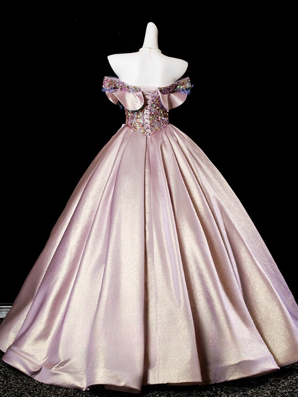 Vintage Pink Sequin Satin A-Line 3D Flowers Off-the-shoulder Long Quinceanera Ball Gown TP5213