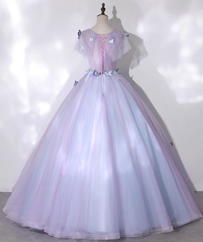 Chic Lilac 3D Butterflies Applique A-Line Short-sleeved Tulle Long Quinceanera Ball Gown TP5216