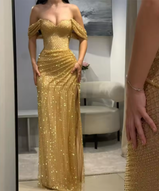 Vintage Golden Glittering Sequin Evening Gown Sheath Off-the-shoulder Party Dress Long Formal Dress TP4966