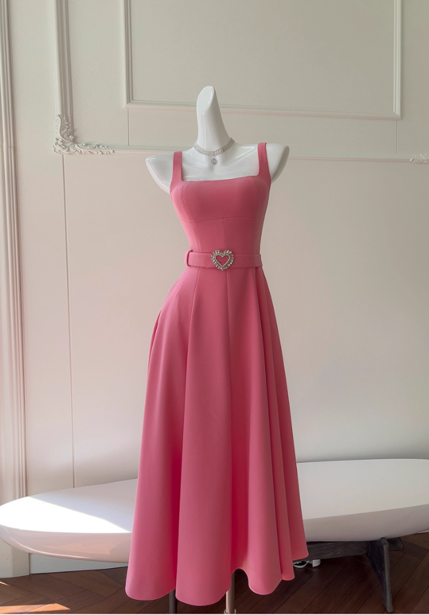Vintage Hot Pink A-Line Evening Dress Sash Tea Length Prom Dress TP4992