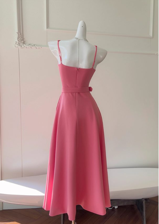Vintage Hot Pink A-Line Evening Dress Sash Tea Length Prom Dress TP4992