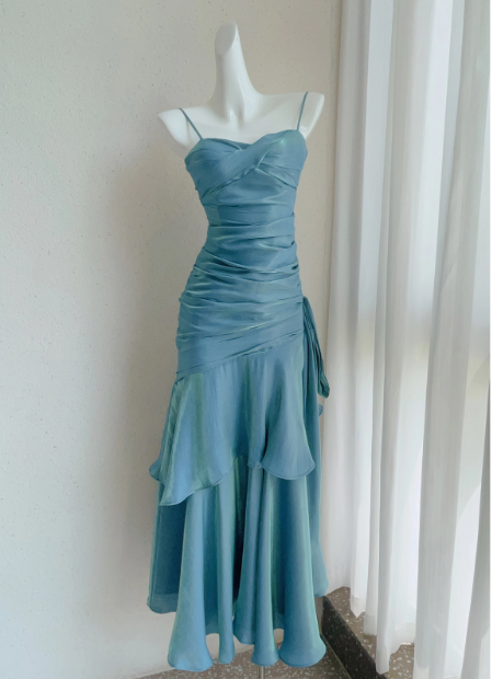 Vintage Sweetheart Sheath Spaghetti Strap Evening Dress Ruffled Long Prom Dress TP4993