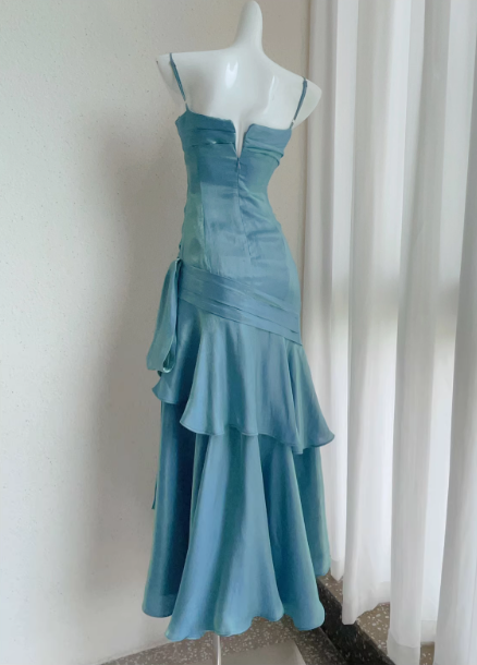 Vintage Sweetheart Sheath Spaghetti Strap Evening Dress Ruffled Long Prom Dress TP4993