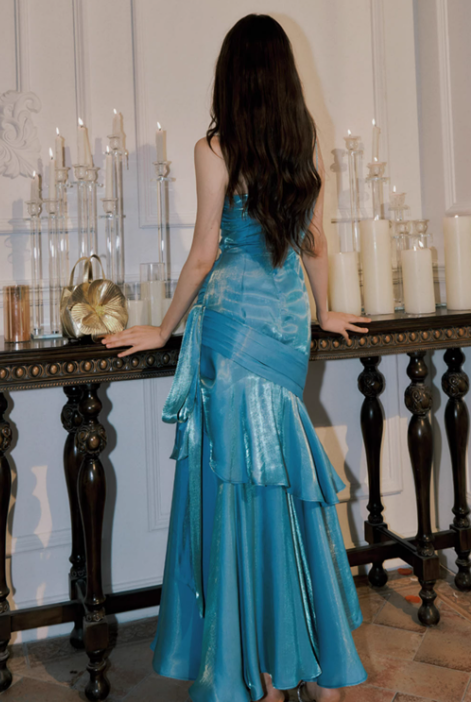 Vintage Sweetheart Sheath Spaghetti Strap Evening Dress Ruffled Long Prom Dress TP4993