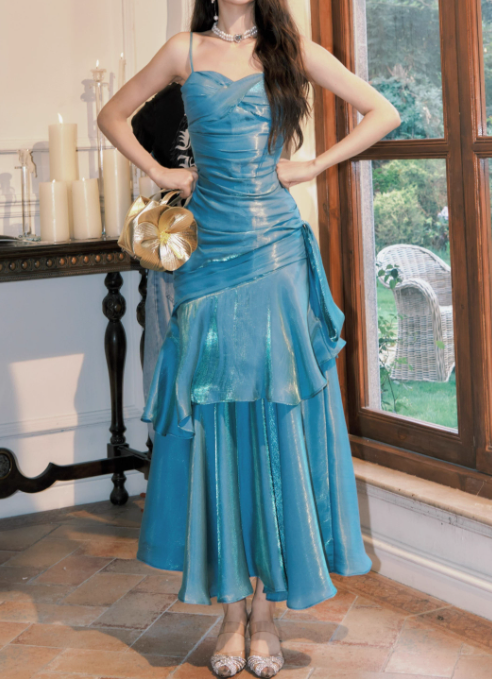 Vintage Sweetheart Sheath Spaghetti Strap Evening Dress Ruffled Long Prom Dress TP4993