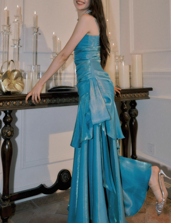 Vintage Sweetheart Sheath Spaghetti Strap Evening Dress Ruffled Long Prom Dress TP4993