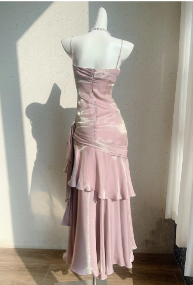 Vintage Sweetheart Sheath Spaghetti Strap Evening Dress Ruffled Long Prom Dress TP4993