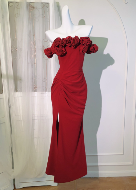 Vintage Red 3D Flowers Sheath Off-the-shoulder Evening Dress Slit Long Prom Dress TP4994
