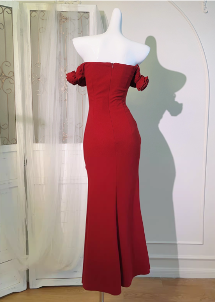 Vintage Red 3D Flowers Sheath Off-the-shoulder Evening Dress Slit Long Prom Dress TP4994