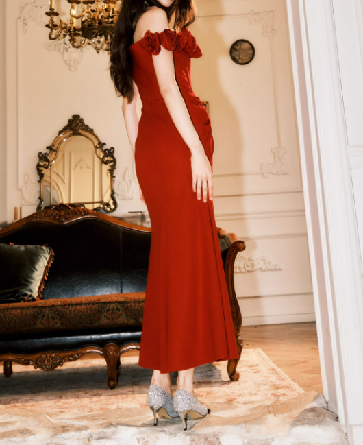 Vintage Red 3D Flowers Sheath Off-the-shoulder Evening Dress Slit Long Prom Dress TP4994