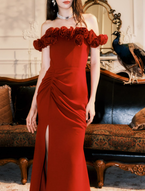 Vintage Red 3D Flowers Sheath Off-the-shoulder Evening Dress Slit Long Prom Dress TP4994