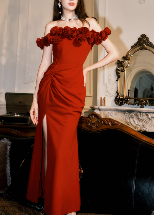 Vintage Red 3D Flowers Sheath Off-the-shoulder Evening Dress Slit Long Prom Dress TP4994