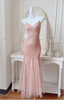 Vintage Pink Sequin Mermaid Spaghetti Strap V-neck Evening Dress Long Prom Dress TP4995