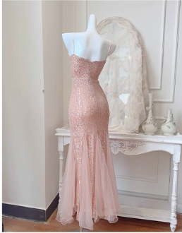 Vintage Pink Sequin Mermaid Spaghetti Strap V-neck Evening Dress Long Prom Dress TP4995