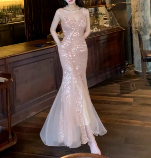 Vintage Pink Sequin Mermaid Spaghetti Strap V-neck Evening Dress Long Prom Dress TP4995