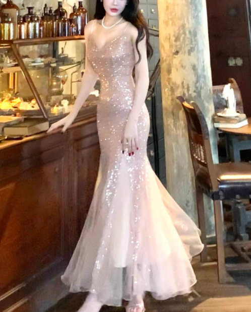 Vintage Pink Sequin Mermaid Spaghetti Strap V-neck Evening Dress Long Prom Dress TP4995