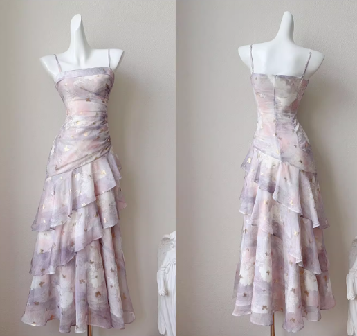 Vintage Lilac Floral Mermaid Spaghetti Strap Evening Dress Long Prom Dress TP4996